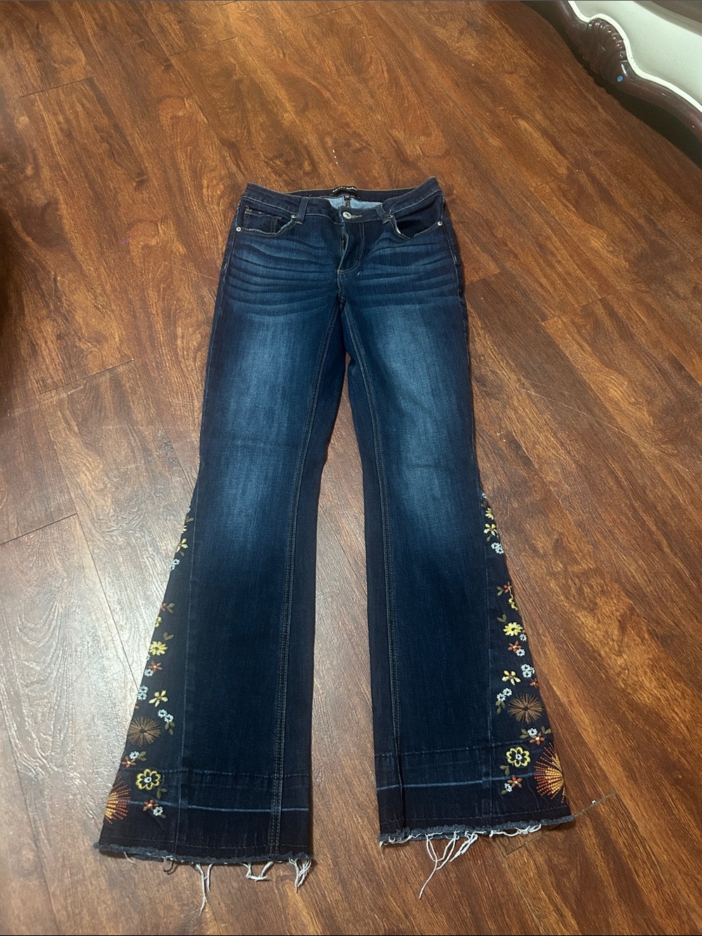 Ashley Mason Dark Blue Flare Jeans with Embroidered Floral Side Panels